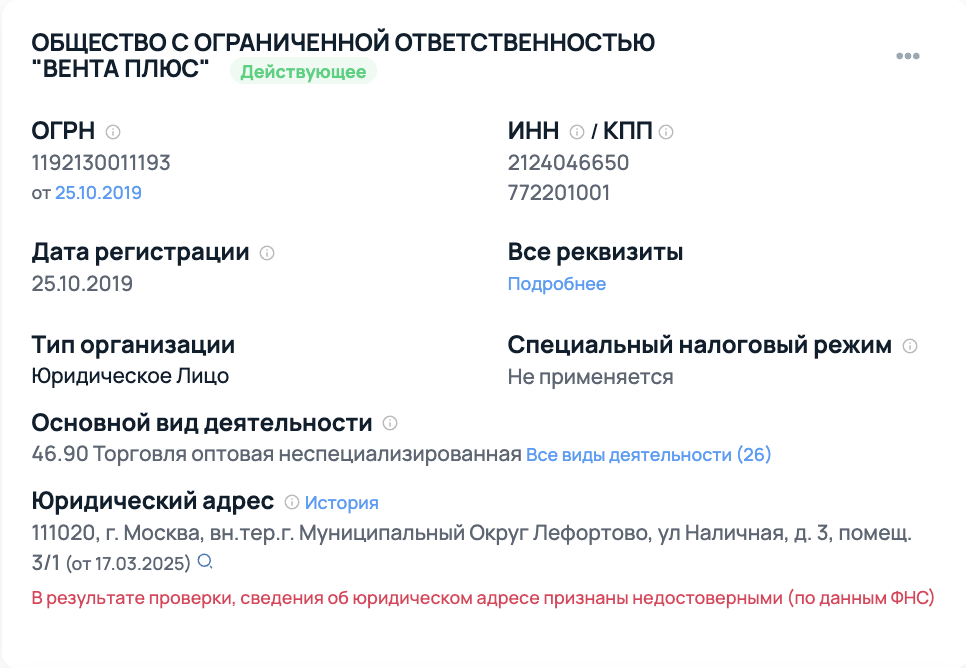 проверка ООО «ВЕНТА ПЛЮС»